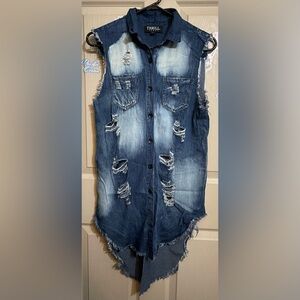 Thrill Jeans Denim Ripped Destroyed Hi Lo Tunic /Dress Size S Goth Grunge Torn